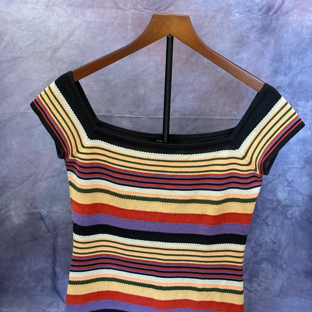 BCBGMaxAzria Striped Short Sleeve Knit Top in Black, Red, Purple, Cream